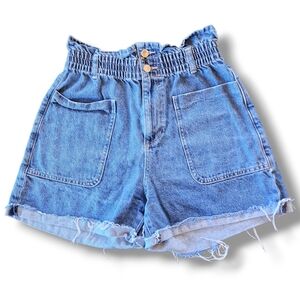 Zara Blue High Waist 90s Relaxed Fit 100% Cotton Cuffed Shorts 8